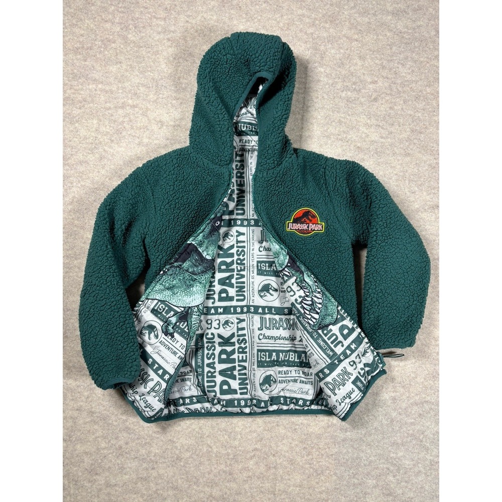 Jurassic Park Reversible Sherpa Puffer Jacket Kids Size 6 Green T-Rex 1416623